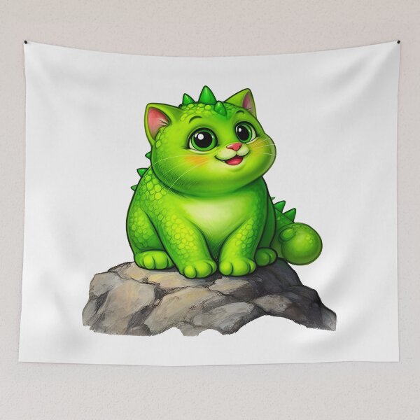 Item preview, cat dino Chubby Green Dino Cat Cute Fantasy Illustration designed and sold by Uglyandcute.