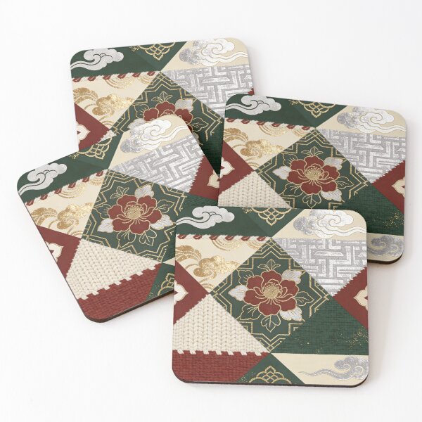 Item preview, Luxury Red Green & Gold Asian Peony Patchwork Pattern designed and sold by zzz888.