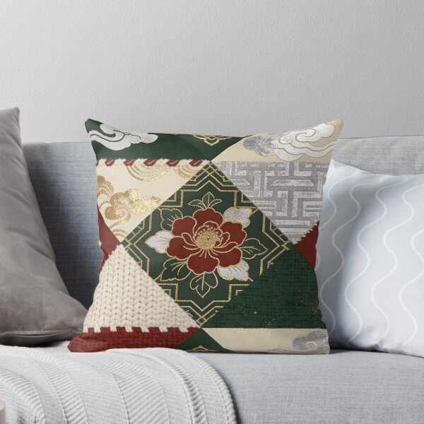 Item preview, Luxury Red Green & Gold Asian Peony Patchwork Pattern designed and sold by zzz888.
