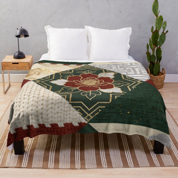Item preview, Luxury Red Green & Gold Asian Peony Patchwork Pattern designed and sold by zzz888.