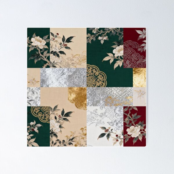 Item preview, Elegant Red Green & Gold Asian Floral Patchwork designed and sold by zzz888.