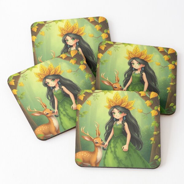Item preview, Forest Guardian Princess – Golden Leaf Crown, Deer Companion & Emerald Vine Dress Fantasy Art designed and sold by swara-2016.