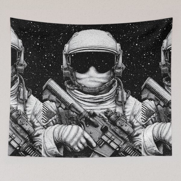 Item preview, Stippled astronaut soldier holding rifle in deep space designed and sold by Piotrek0001.