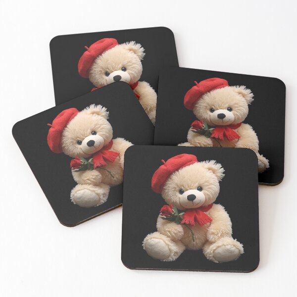Item preview, Cute Plush Teddy Bear with Red Beret and Rose – Adorable Cozy Illustration on Black Background designed and sold by PixelVibe782.