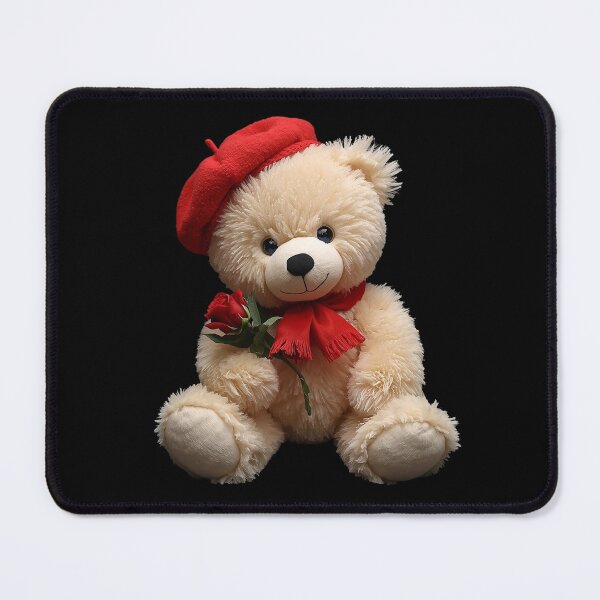 Item preview, Cute Plush Teddy Bear with Red Beret and Rose – Adorable Cozy Illustration on Black Background designed and sold by PixelVibe782.