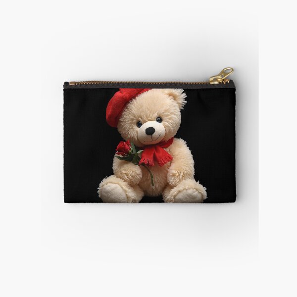 Item preview, Cute Plush Teddy Bear with Red Beret and Rose – Adorable Cozy Illustration on Black Background designed and sold by PixelVibe782.