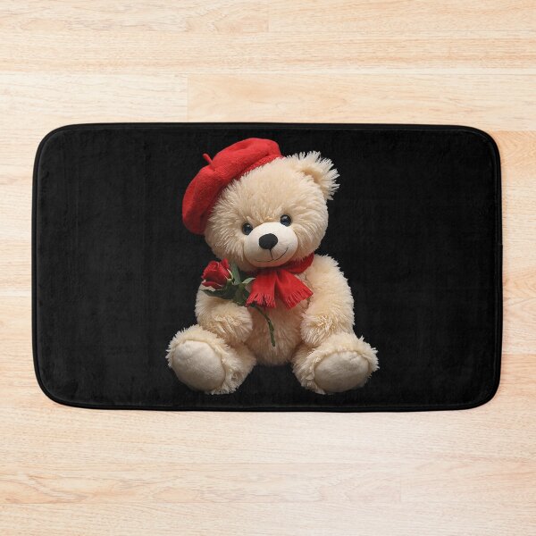 Item preview, Cute Plush Teddy Bear with Red Beret and Rose – Adorable Cozy Illustration on Black Background designed and sold by PixelVibe782.