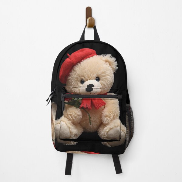 Item preview, Cute Plush Teddy Bear with Red Beret and Rose – Adorable Cozy Illustration on Black Background designed and sold by PixelVibe782.
