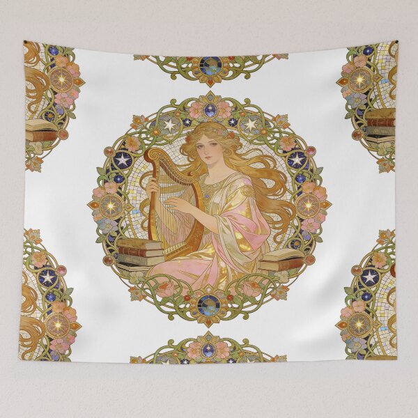 Item preview, Divine Golden Harp Muse | Art Nouveau Mucha Style Stained Glass Floral Aesthetic designed and sold by Cherrydora.
