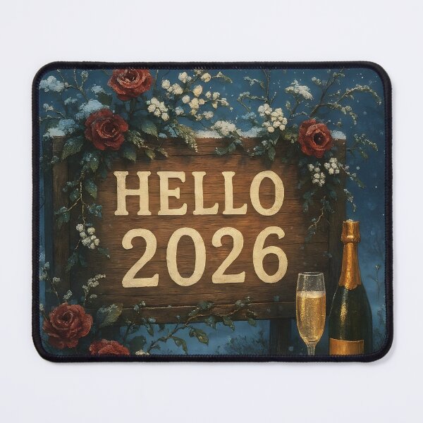 Item preview, Hello 2026 – Wooden Sign with Winter Snow Floral Accents Champagne and Fireworks designed and sold by EmeraldeaDesign.