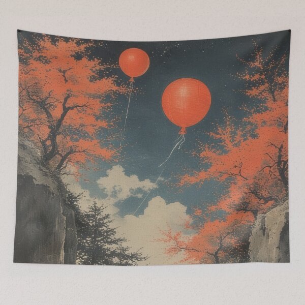 Item preview, Red autumn path with floating balloons designed and sold by Mianku | Für das Leben.