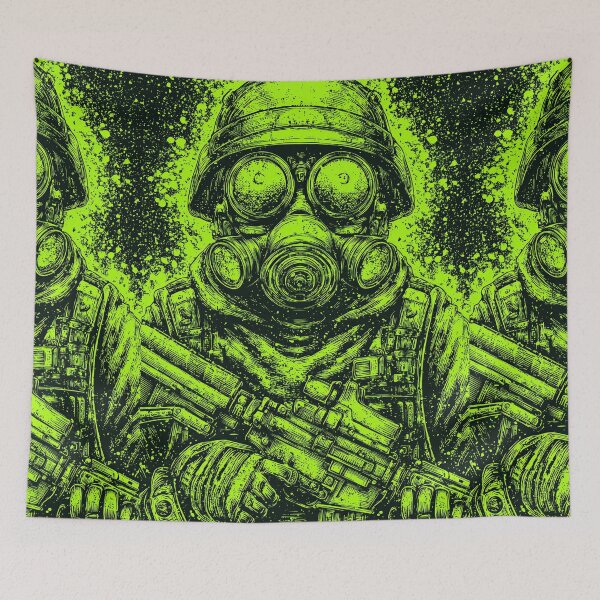 Item preview, Detailed green ink illustration of gas mask soldier designed and sold by Piotrek0001.