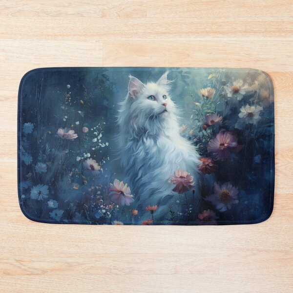 Item preview, White Mystical Cat in Moonlit Blossoms designed and sold by Erika Kaisersot.