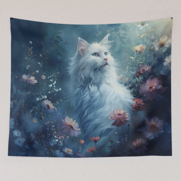 Item preview, White Mystical Cat in Moonlit Blossoms designed and sold by Erika Kaisersot.