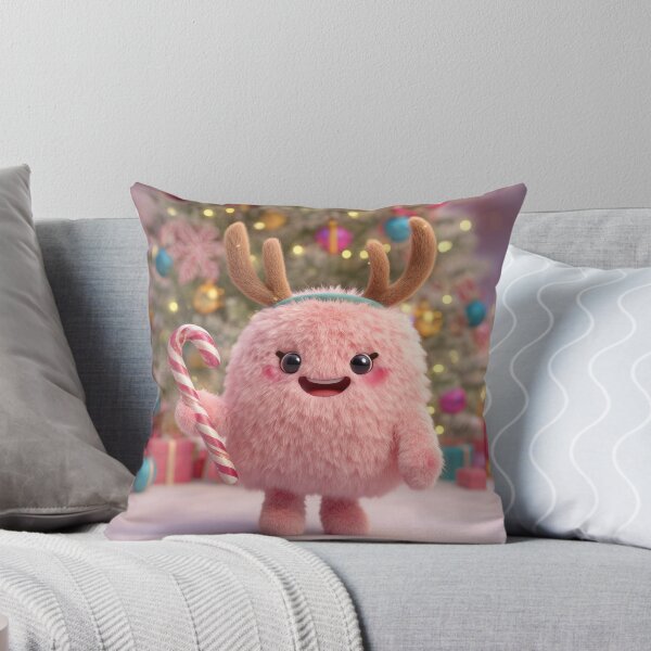 Item preview, Adorable Pink Christmas Monster with Reindeer Antlers and Candy Cane designed and sold by Hakubiya.