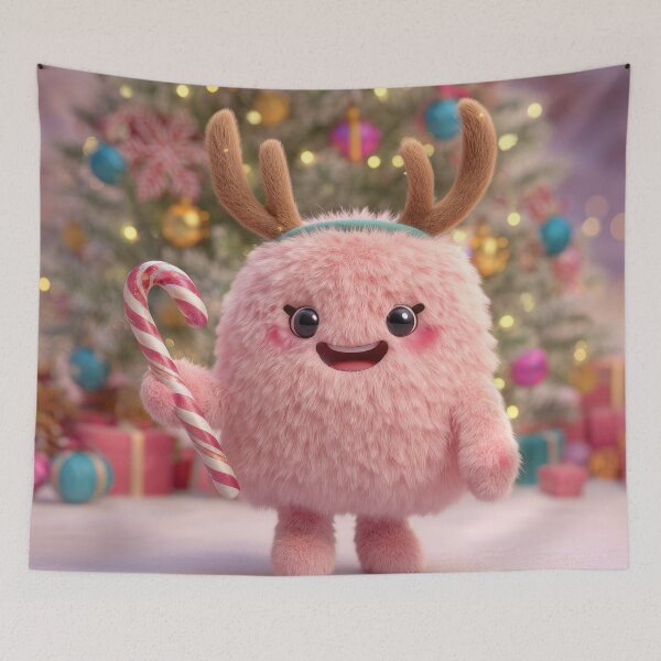 Item preview, Adorable Pink Christmas Monster with Reindeer Antlers and Candy Cane designed and sold by Hakubiya.