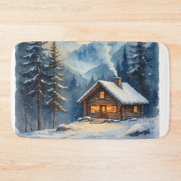 Item preview, Cozy Winter Cabin Pastel Art - Snowy Mountain Landscape Print designed and sold by DreamyArtStudio70.