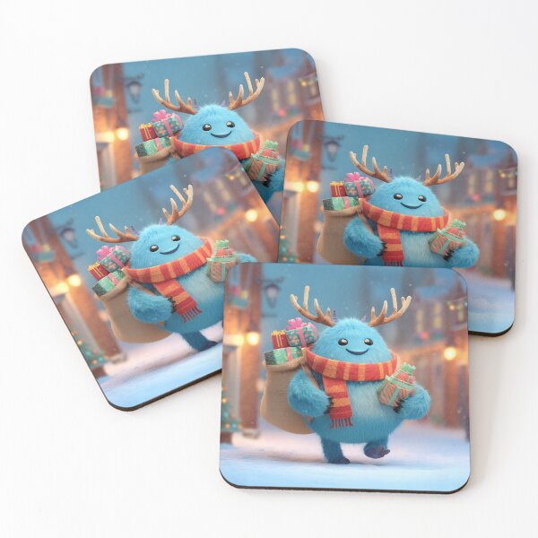 Item preview, Cute Blue Christmas Monster Delivering Gifts with Reindeer Antlers designed and sold by Hakubiya.