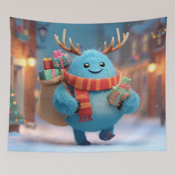 Item preview, Cute Blue Christmas Monster Delivering Gifts with Reindeer Antlers designed and sold by Hakubiya.