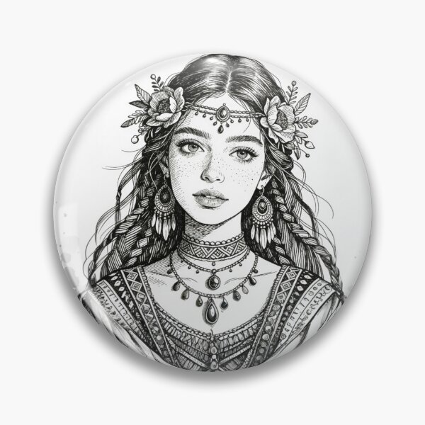 Item preview, Detailed Black Ink Sketch: Bohemian Goddess Portrait with Floral Crown and Ethnic Jewelry Engraving Style designed and sold by Cherrydora.