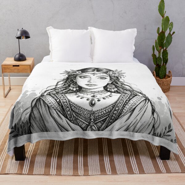 Item preview, Detailed Black Ink Sketch: Bohemian Goddess Portrait with Floral Crown and Ethnic Jewelry Engraving Style designed and sold by Cherrydora.