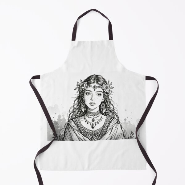 Item preview, Detailed Black Ink Sketch: Bohemian Goddess Portrait with Floral Crown and Ethnic Jewelry Engraving Style designed and sold by Cherrydora.