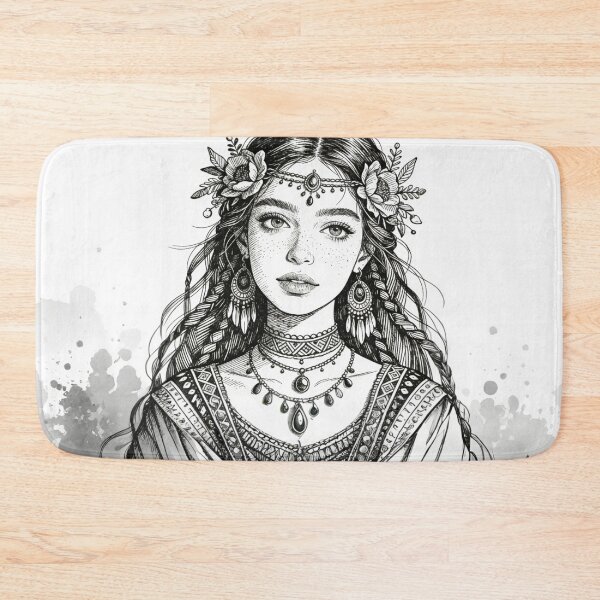 Item preview, Detailed Black Ink Sketch: Bohemian Goddess Portrait with Floral Crown and Ethnic Jewelry Engraving Style designed and sold by Cherrydora.