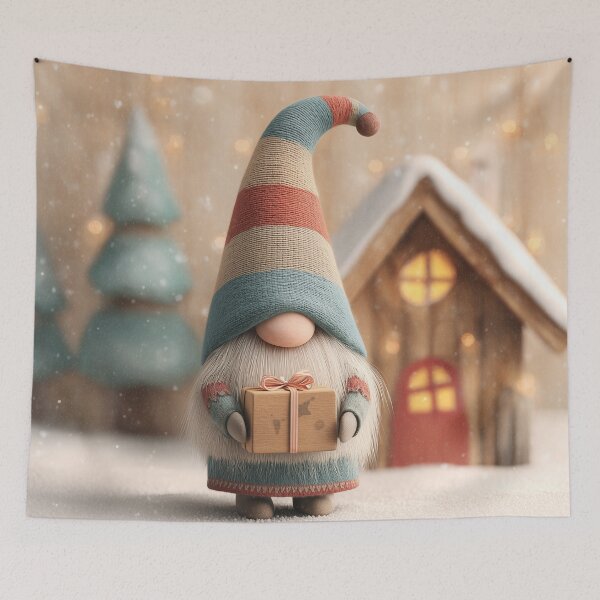 Item preview, Cute Scandinavian Christmas Gnome with Gift in Snowy Winter Scene designed and sold by Hakubiya.