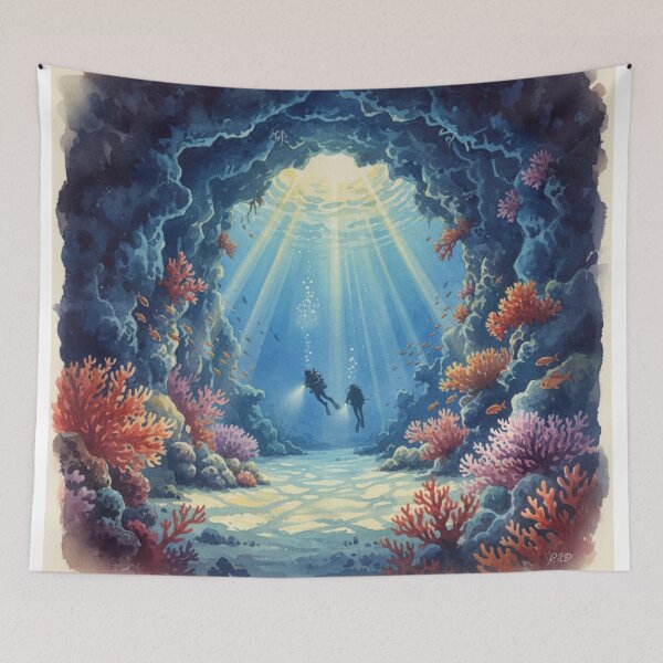 Item preview, Red Sea Cave Dive - Mystical Underwater Exploration Art designed and sold by DreamyArtStudio70.