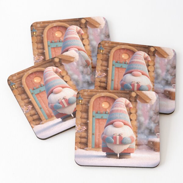 Item preview, Cute Scandinavian Christmas Gnome Holding Gift in Snowy Cabin designed and sold by Hakubiya.