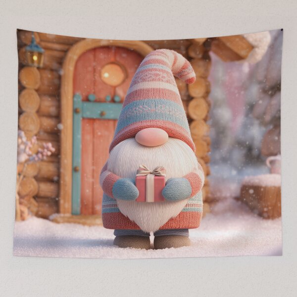 Item preview, Cute Scandinavian Christmas Gnome Holding Gift in Snowy Cabin designed and sold by Hakubiya.