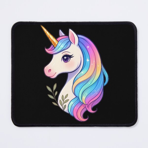 Item preview, Sparkle Mane Unicorn Head with Vivid Rainbow Hair and Green Leaves designed and sold by DreamiCanvas.