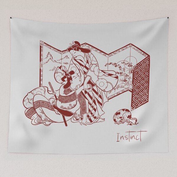 Item preview, Edo-style lovers, cat, and mouse before a folding screen, hinting at quiet, instinctive attraction. designed and sold by tokomoroJP.