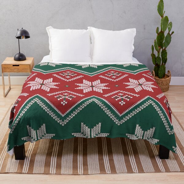 Item preview,  Cozy Nordic Crochet Christmas Pattern Throw Blanket & Pillow Set - Red Green White Knitted Motifs designed and sold by ZyxDes.