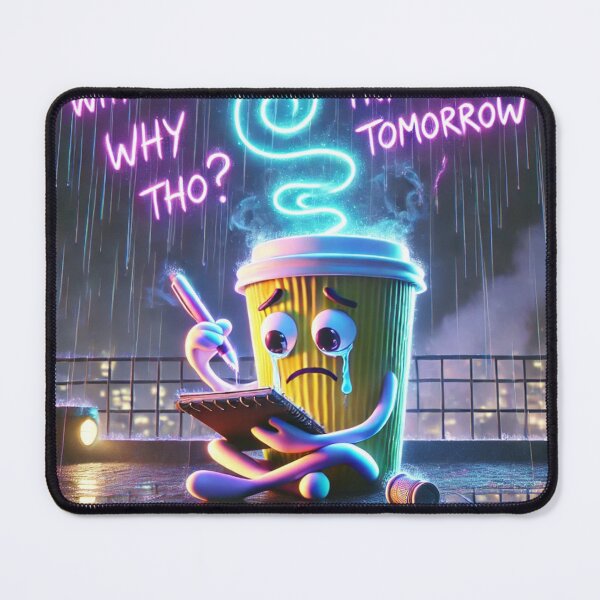 Item preview, Sad Coffee Journaling in the Rain – Relatable Neon Mood Art designed and sold by ComedyInkFactor.