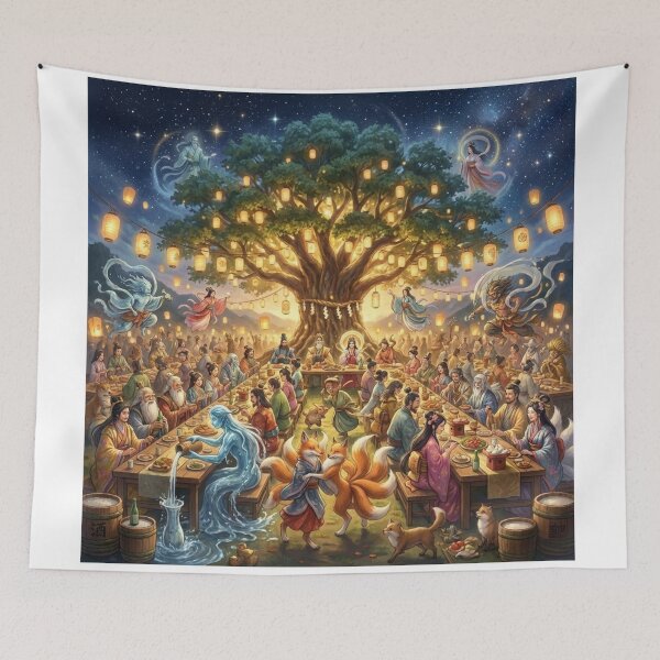 Item preview, Divine Feast Under the Sacred Tree – Japanese Mythology Celebration Art designed and sold by Mori-no-Akari.