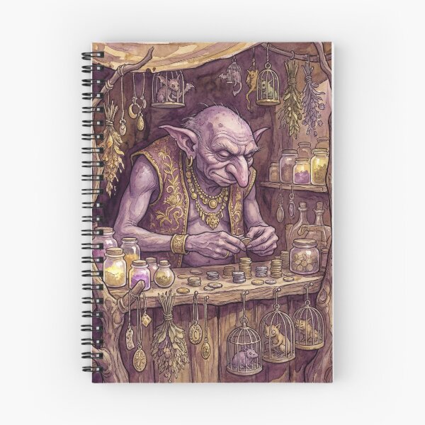 Item preview, Hobgoblin Merchant with Exotic Trinkets creature of folklore watercolor artwork illustration designed and sold by Vintage Designs +.
