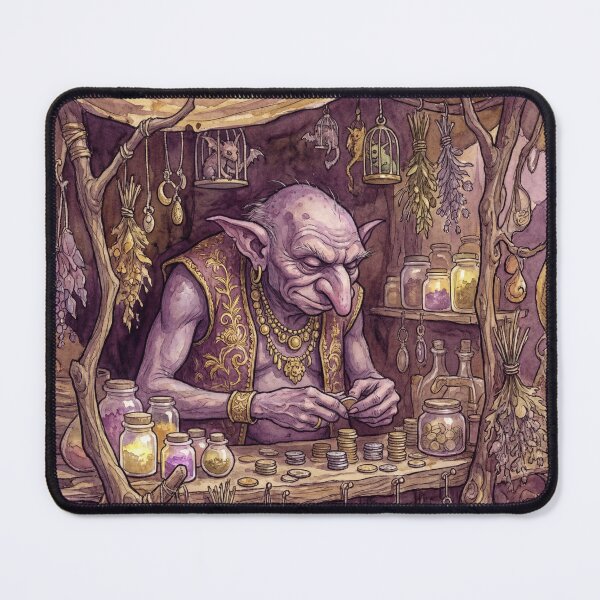 Item preview, Hobgoblin Merchant with Exotic Trinkets creature of folklore watercolor artwork illustration designed and sold by Vintage Designs +.