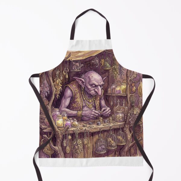 Item preview, Hobgoblin Merchant with Exotic Trinkets creature of folklore watercolor artwork illustration designed and sold by Vintage Designs +.