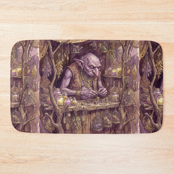 Item preview, Hobgoblin Merchant with Exotic Trinkets creature of folklore watercolor artwork illustration designed and sold by Vintage Designs +.