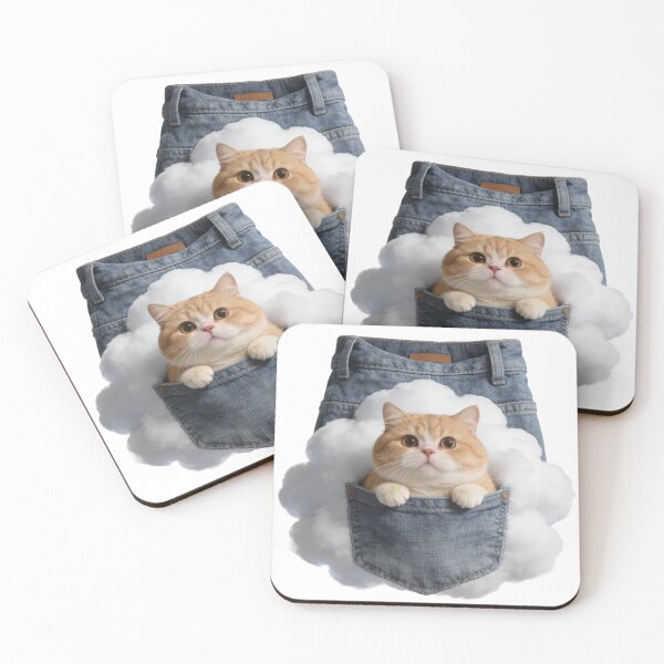 Item preview, Dreamy Kitten in a Cloud Pocket | Cozy Fluffy Cat & Whimsical Denim Jeans Art designed and sold by Cherrydora.