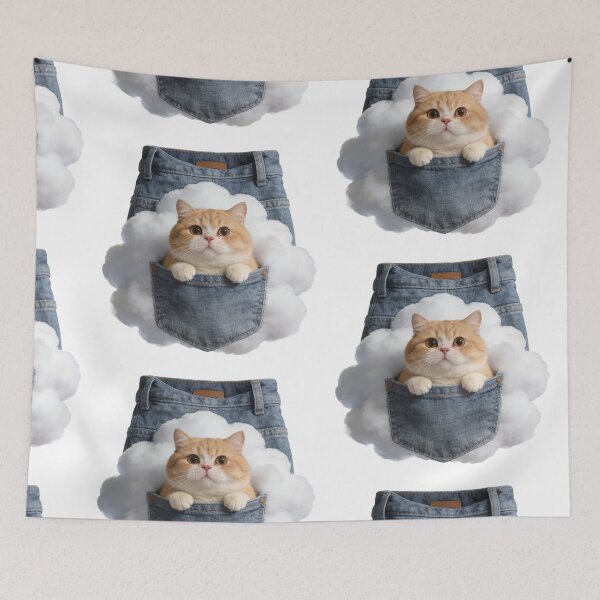 Item preview, Dreamy Kitten in a Cloud Pocket | Cozy Fluffy Cat & Whimsical Denim Jeans Art designed and sold by Cherrydora.