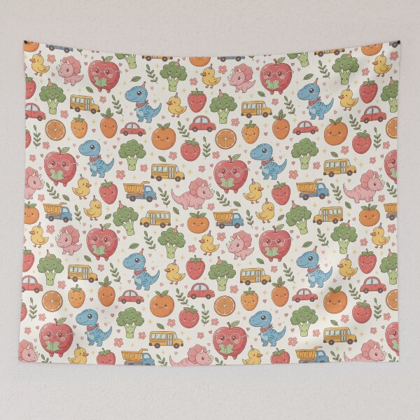 Item preview, Cute Dino, Fruits & Vehicles Seamless Pattern – Kawaii Kids Cartoon Design designed and sold by Sksticker991.