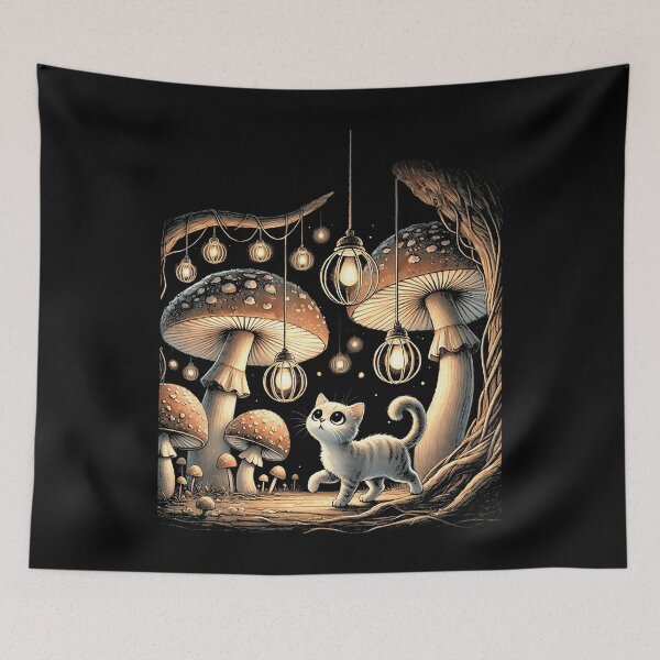 Item preview, Enchanted Mushroom Forest, Glowing Lantern, Magical Scene, Cute Kitten, Fantasy World, Whimsical Setting, Dreamy Atmosphere, Mystical Glow, Magical Forest, Enchanted Adventure designed and sold by FernLela.