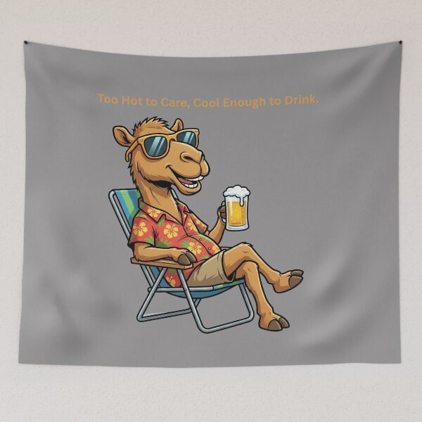 Item preview, Too Hot to Care: Funny Camel Enjoying a Beer – Comedy Camel Drinking T-Shirt designed and sold by Grang Art Artistic Designs.