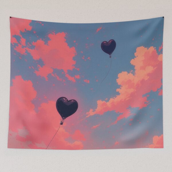 Item preview, Heart-shaped balloons over a blooming meadow in the evening designed and sold by Mianku | Für das Leben.