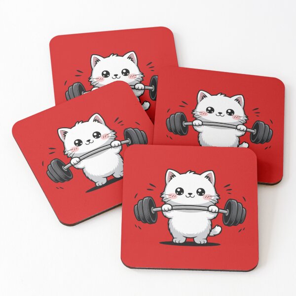 Item preview, a white fluffy cat lifting a large black barbell designed and sold by 123ks.