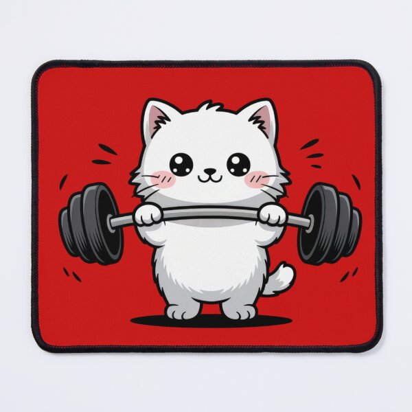 Item preview, a white fluffy cat lifting a large black barbell designed and sold by 123ks.
