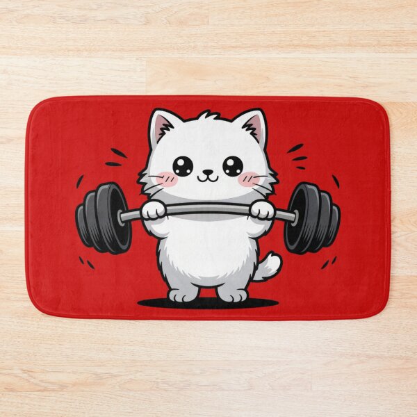 Item preview, a white fluffy cat lifting a large black barbell designed and sold by 123ks.