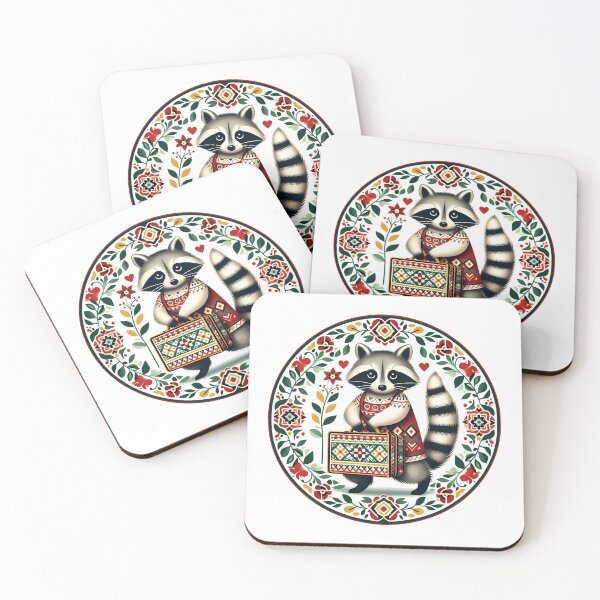 Item preview, Boarding School Raccoon with Suitcase – Scandinavian Folk Art Back to School Design © heidiannemorris designed and sold by FOLK ART FUSION by heidiannemorris.